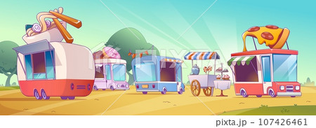 Street food festival with truck shops in park Street food festival with truck shops in park 107426461