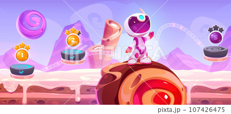 Candy game level map with road in sky cartoon Candy game level map with road in sky cartoon 107426475