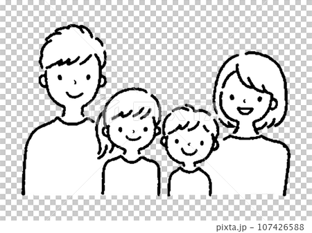 黑白手繪線條畫插圖中的四口之家 107426588