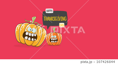 Funny Thanksgiving day horizontal banner with vector funny cartoon cute smiling friends pumpkins isolated on pink background. Thanksgiving day cute banner and label design template with pumpkins 107426844