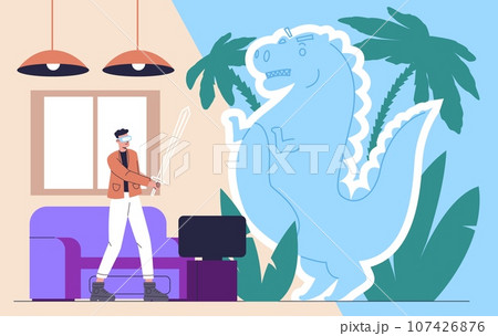 Gamer in virtual world fighting with dragon. Augmented reality. Battle simulation. Guy with VR glasses and sword. . Interactive innovation technology. Cyberspace game. Vector concept 107426876
