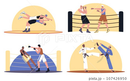 Boxing at ring. Professional athletes in sparring. Cartoon male wrestlers and boxers. Karate fight match. Sports competitions. Men punching and kicking with fists. Fighters vector set Boxing at ring. Professional athletes in sparring. Cartoon male wrestlers and boxers. Karate fight match. Sports competitions. Men punching and kicking with fists. Fighters vector set 107426950