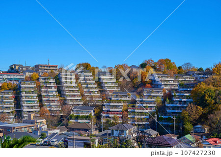 紅葉の神奈川県川崎市麻生区高石5丁目の斜面に建つマンション眺望 107427230
