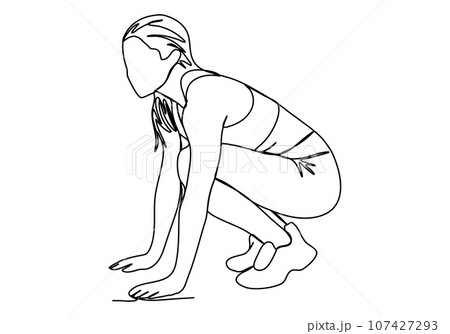 Girl in sports clothes stands at a low start before starting to run One line drawing vector illustration. 107427293