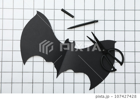 Scissors and paper bat on light background, top view 107427428