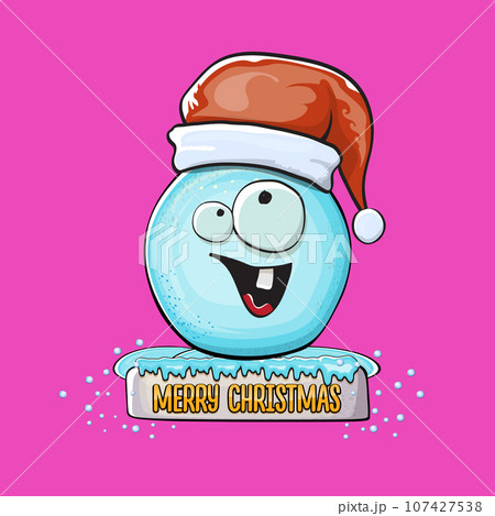 Vector cartoon snowball character with red santa claus hat isolated on pink background. Childrens Merry Christmas greeting card with funny monster snow ball. Cartoon Santa 107427538