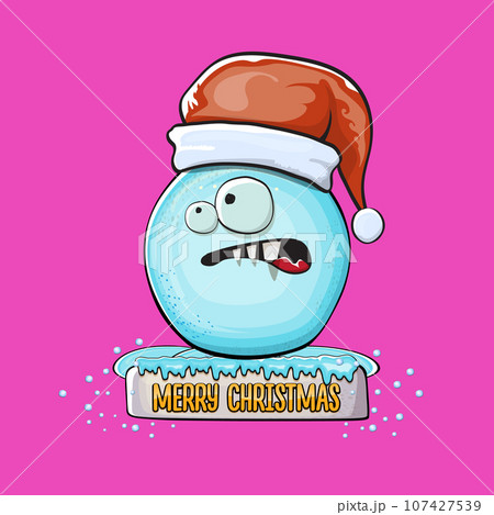 Vector cartoon snowball character with red santa claus hat isolated on pink background. Childrens Merry Christmas greeting card with funny monster snow ball. Cartoon Santa 107427539