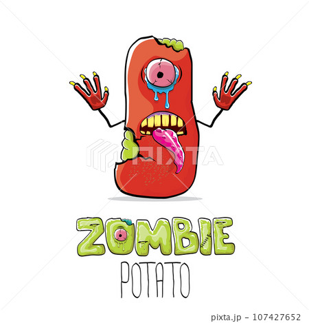 vector funny cartoon red zombie hipster potato character with hair isolated on white background. My name is zombie potato vector concept halloween background. monster vegetable funky character 107427652