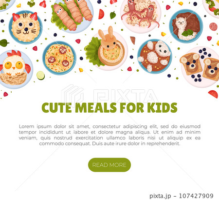 Children Breakfast Food and Meal Banner Design Vector Template 107427909