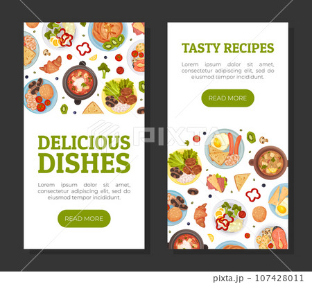 Different Food Banner Design with Tasty Dish Served on Plate Vector Template Different Food Banner Design with Tasty Dish Served on Plate Vector Template 107428011
