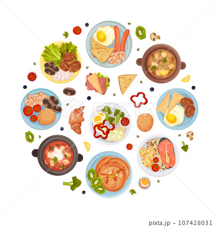 Different Food Round Composition with Tasty Dish Served on Plate Vector Template 107428031