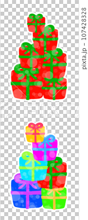 Illustration material of presents stacked with ribbons [with white border] 107428328