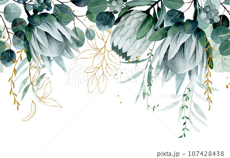 watercolor drawing. seamless border with tropical flowers and leaves. protea flowers and eucalyptus leaves with golden elements watercolor drawing. seamless border with tropical flowers and leaves. protea flowers and eucalyptus leaves with golden elements 107428438