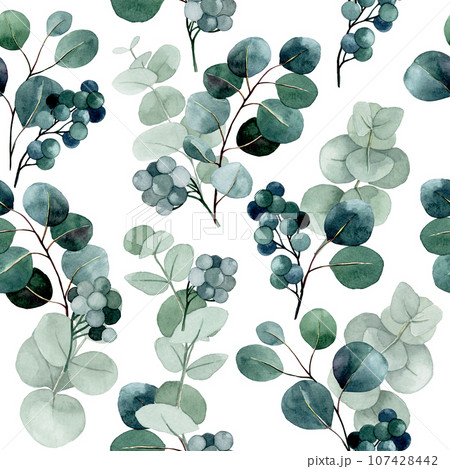 watercolor drawing. seamless pattern with eucalyptus leaves and golden elements. vintage print  107428442