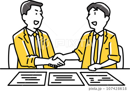 書類を前に笑顔で握手する棒人間 書類を前に笑顔で握手する棒人間 107428618