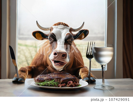 レストランで牛肉を食べる牛 レストランで牛肉を食べる牛 107429091