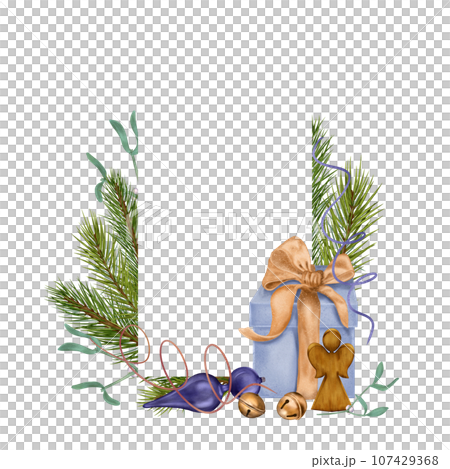 Frame of gift box, Christmas decorations digital illustration isolated on white. Present, glass ball, bells, wooden toy hand drawn. Element for holiday package, 2024 new year greeting card, label Frame of gift box, Christmas decorations digital illustration isolated on white. Present, glass ball, bells, wooden toy hand drawn. Element for holiday package, 2024 new year greeting card, label 107429368
