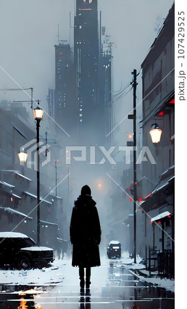 Winter night in the street city landscape illustration Winter night in the street city landscape illustration 107429525