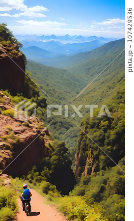 landscape with tourists and backpacks on top of the mountain 107429536