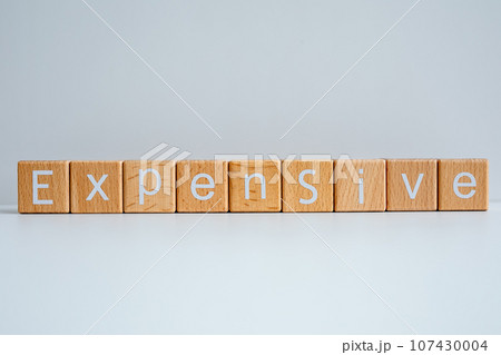 Wooden blocks form the text "Expensive" against a white background. 107430004