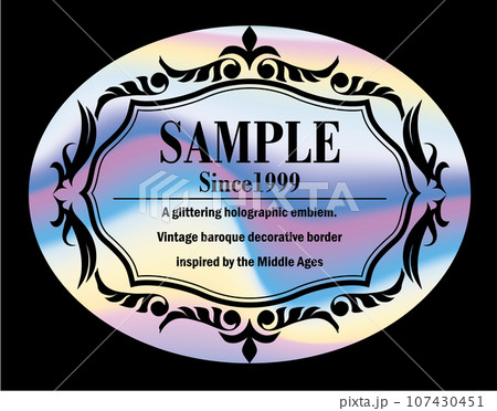 イラスト素材。ホログラムのバロック様式の楕円形のビンテージラベルのイラスト 107430451