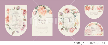 Wedding arch Invitation Card Design with watercolor garden roses. Wedding arch Invitation Card Design with watercolor garden roses. 107430834