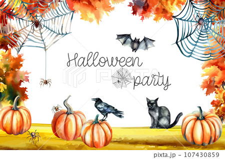 Watercolor halloween card. Pumpkin, spider, bat, orange leaves, black crow, bat, cobweb, spider. 107430859