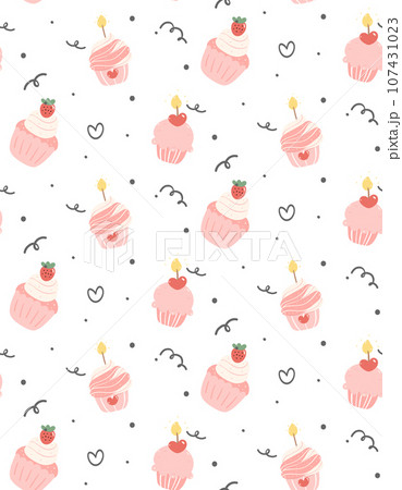 Adorable seamless birthday cupcake slice pattern illustration isolated on white bacground. 107431023