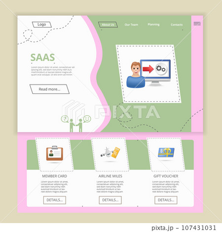 SAAS flat landing page website template. Member card, airline miles, gift voucher. Web banner with header, content and footer. Vector illustration. 107431031