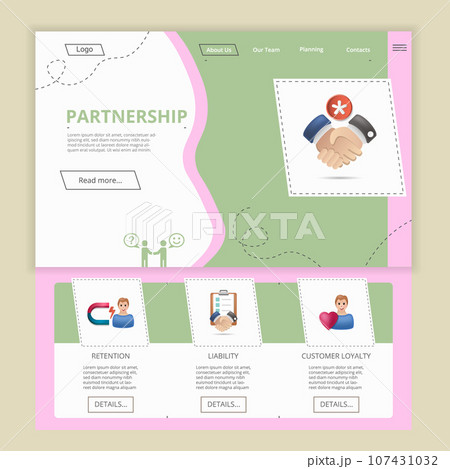 Partnership flat landing page website template. Retention, liability, customer loyalty. Web banner with header, content and footer. Vector illustration. 107431032