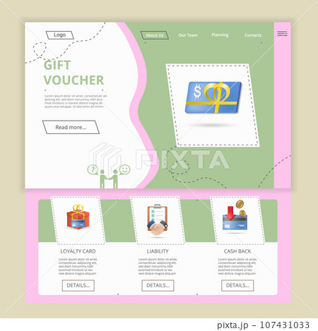 Gift voucher flat landing page website template. Loyalty card, liability, cash back. Web banner with header, content and footer. Vector illustration. Gift voucher flat landing page website template. Loyalty card, liability, cash back. Web banner with header, content and footer. Vector illustration. 107431033