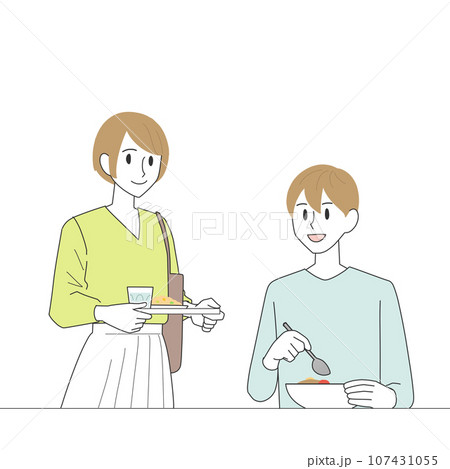 食事をする男性とトレーを持つ女性 食事をする男性とトレーを持つ女性 107431055