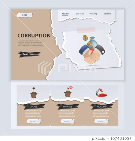 Corruption flat landing page website template. Judge, witness, murder. Web banner with header, content and footer. Vector illustration. Corruption flat landing page website template. Judge, witness, murder. Web banner with header, content and footer. Vector illustration. 107431057