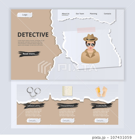 Detective flat landing page website template. Handcuffs, fingerprint, coroner. Web banner with header, content and footer. Vector illustration. Detective flat landing page website template. Handcuffs, fingerprint, coroner. Web banner with header, content and footer. Vector illustration. 107431059