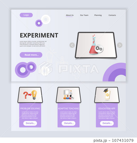 Experiment flat landing page website template. Problem solving, adaptive teaching, edication app. Web banner with header, content and footer. Vector illustration. 107431079