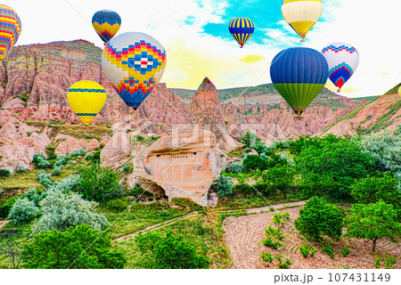 Fly of air balloons in Unique natural place - Cappadocia , Turkiye. 107431149