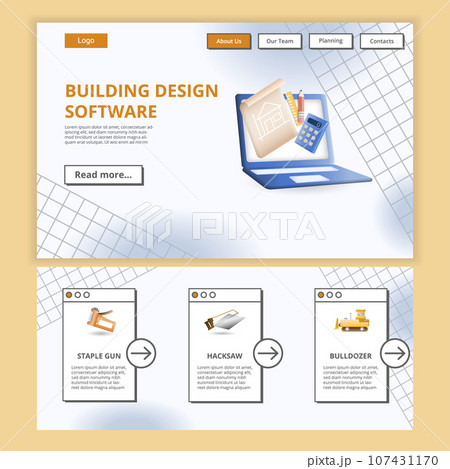 Building design software flat landing page website template. Staple gun, hacksaw, bulldozer. Web banner with header, content and footer. Vector illustration. 107431170
