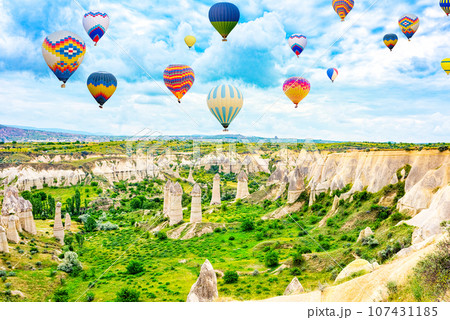 Fly of air balloons in Unique natural place - Cappadocia , Turkiye. 107431185