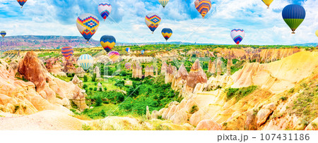 Fly of air balloons in Unique natural place - Cappadocia , Turkiye. 107431186