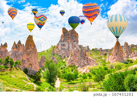 Fly of air balloons in Unique natural place - Cappadocia , Turkiye. 107431201
