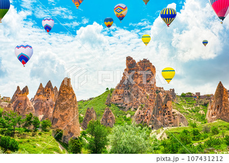 Fly of air balloons in Unique natural place - Cappadocia , Turkiye. 107431212