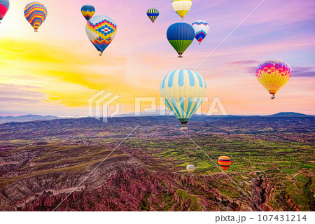 Fly of air balloons in Unique natural place - Cappadocia , Turkiye. 107431214