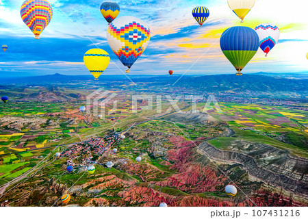 Fly of air balloons in Unique natural place - Cappadocia , Turkiye. 107431216