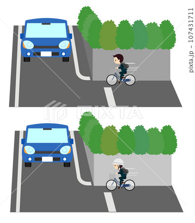 曲がり角で衝突しそうな自転車と車 曲がり角で衝突しそうな自転車と車 107431711