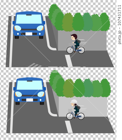 曲がり角で衝突しそうな自転車と車 曲がり角で衝突しそうな自転車と車 107431711