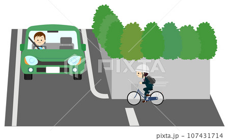 曲がり角で衝突しそうな自転車と車 107431714
