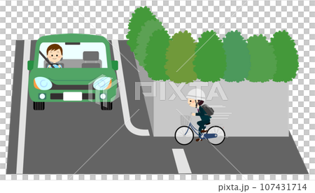 曲がり角で衝突しそうな自転車と車 107431714