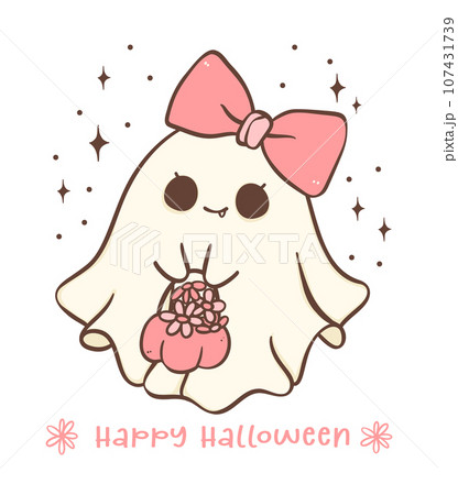 Cute and cheeky pink Halloween ghost girl with flowers and diasy flower cartoon doodle illustration.  boo-tiful 107431739