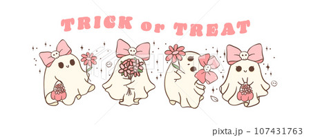 Cute Kawaii Pink Halloween Ghost girl with daisy flowers Cartoon Character Doodle Vector Illustration Banner 107431763