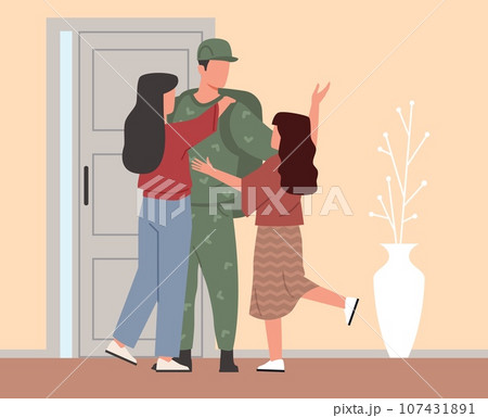 Wife and daughter with joy meet father of soldier returned from war or army. Warfare action serviceman is back home. Smiling military man. Cartoon flat style illustration. Vector concept Wife and daughter with joy meet father of soldier returned from war or army. Warfare action serviceman is back home. Smiling military man. Cartoon flat style illustration. Vector concept 107431891
